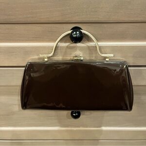 1960’s Vintage Rockabilly Brown Patent Leather Clutch Fold In Gold Handle EUC